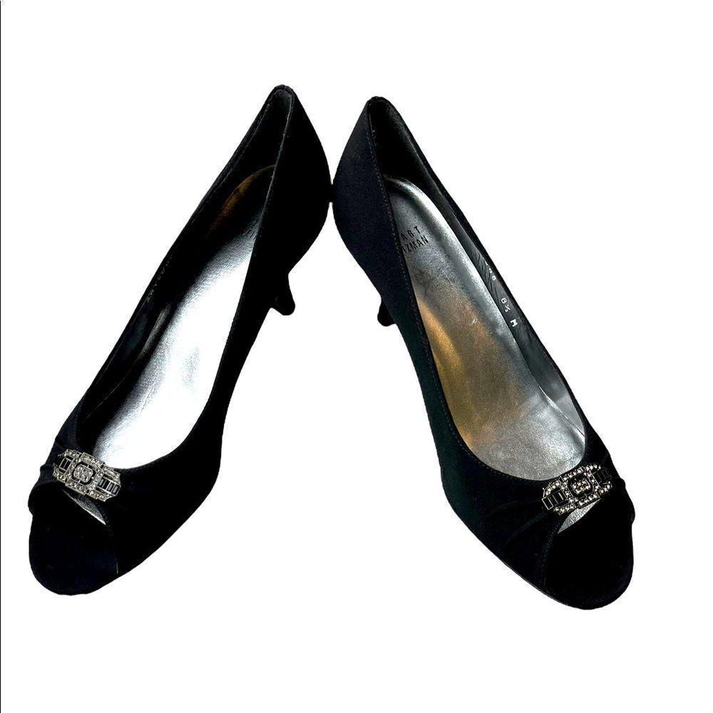 Black Stuart Weitzman Peep Toe Pump w/Crystal Embellishments Great Condition
